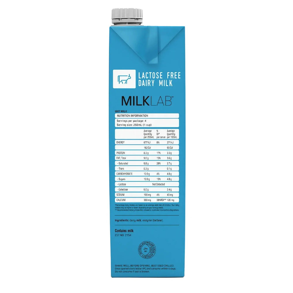 MILKLAB Lactose Free Milk 1L Tetra Side Label Nutritional Information Mylkables